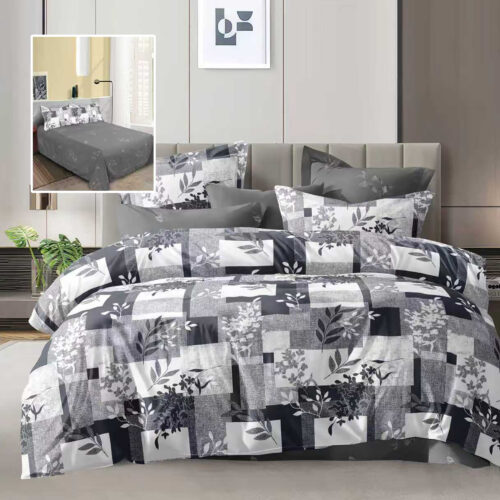 Lenjerie de pat dublu, microfibra, 4 piese, cearceaf de pat 230x250cm, cearceaf pilota 200x230cm si 2 fete de perna 50x70, gri cu patchwork floral ECN60