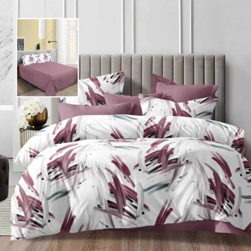 Lenjerie de pat dublu, microfibra, 4 piese, cearceaf de pat 230x250cm, cearceaf pilota 200x230cm si 2 fete de perna 50x70, alba cu dungi abstracte mov ECN61