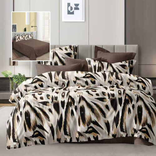 Lenjerie de pat dublu, microfibra, 4 piese, cearceaf de pat 230x250cm, cearceaf pilota 200x230cm si 2 fete de perna 50x70, crem cu imprimeu animal print brun ECN62