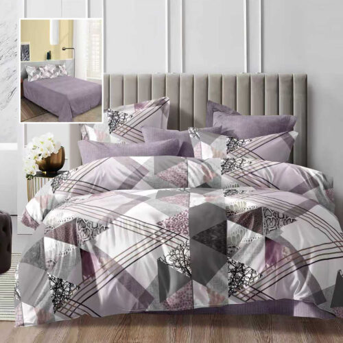 Lenjerie de pat dublu, microfibra, 4 piese, cearceaf de pat 230x250cm, cearceaf pilota 200x230cm si 2 fete de perna 50x70, alb-mov cu forme geometrice abstracte ECN63