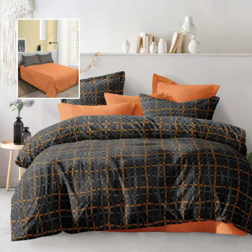 Lenjerie de pat dublu, microfibra, 4 piese, cearceaf de pat 230x250cm, cearceaf pilota 200x230cm si 2 fete de perna 50x70, negru cu carouri portocalii ECN64