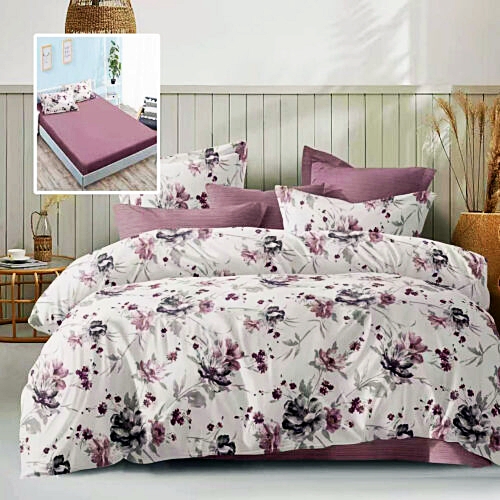 Lenjerie de pat dublu, microfibra, 6 piese, cearceaf de pat cu elastic 160x200cm, cearceaf pilota 200x230cm, 2 fete de perna 50x70 si 2 fete de perna 70x70cm, alba cu flori roz si accente mov pal ECNH10