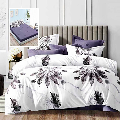 Lenjerie de pat dublu, microfibra, 6 piese, cearceaf de pat cu elastic 160x200cm, cearceaf pilota 200x230cm, 2 fete de perna 50x70 si 2 fete de perna 70x70cm, alba cu pene mov si gri ECNH11