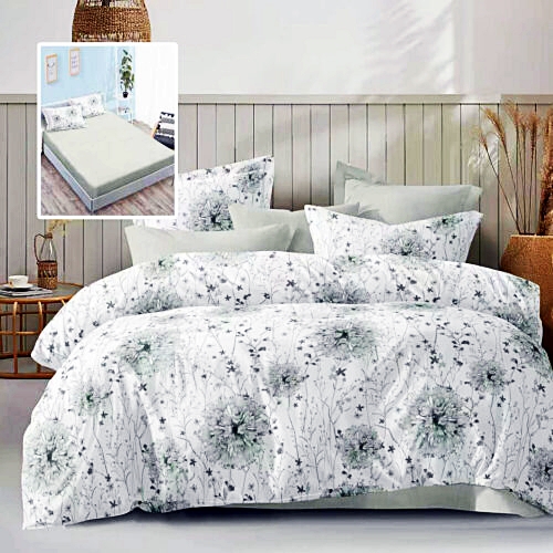 Lenjerie de pat dublu, microfibra, 6 piese, cearceaf de pat cu elastic 160x200cm, cearceaf pilota 200x230cm, 2 fete de perna 50x70 si 2 fete de perna 70x70cm, alba cu imprimeu floral verde pal ECNH12