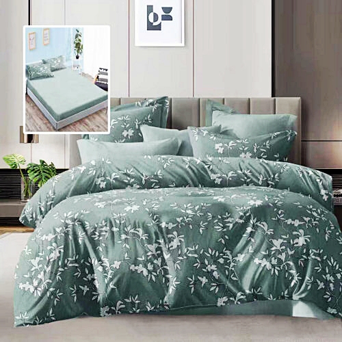 Lenjerie de pat dublu, microfibra, 6 piese, cearceaf de pat cu elastic 160x200cm, cearceaf pilota 200x230cm, 2 fete de perna 50x70 si 2 fete de perna 70x70cm, verde pastel cu flori albe ECNH13