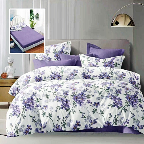 Lenjerie de pat dublu, microfibra, 6 piese, cearceaf de pat cu elastic 160x200cm, cearceaf pilota 200x230cm, 2 fete de perna 50x70 si 2 fete de perna 70x70cm, alba cu flori mov si accente violet ECNH14