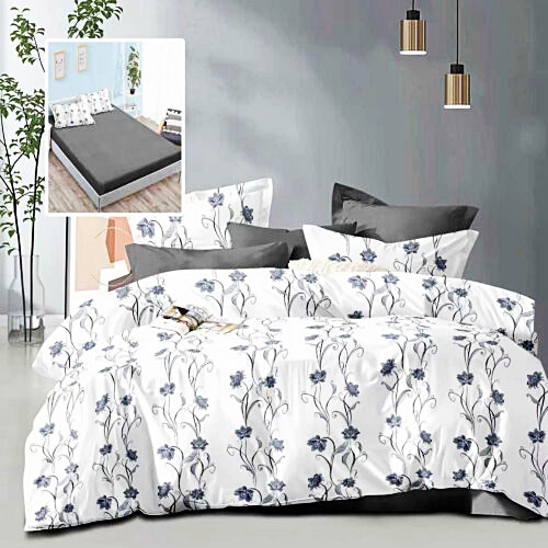 Lenjerie de pat dublu, microfibra, 6 piese, cearceaf de pat cu elastic 160x200cm, cearceaf pilota 200x230cm, 2 fete de perna 50x70 si 2 fete de perna 70x70cm, alba cu flori albastre ECNH15