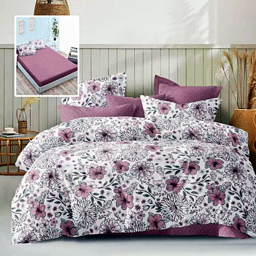 Lenjerie de pat dublu, microfibra, 6 piese, cearceaf de pat cu elastic 160x200cm, cearceaf pilota 200x230cm, 2 fete de perna 50x70 si 2 fete de perna 70x70cm, alba cu flori mov si roz pal ECNH19