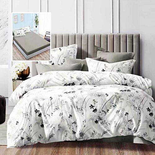 Lenjerie de pat dublu, microfibra, 6 piese, cearceaf de pat cu elastic 160x200cm, cearceaf pilota 200x230cm, 2 fete de perna 50x70 si 2 fete de perna 70x70cm, alba cu imprimeu floral negru si gri ECNH21