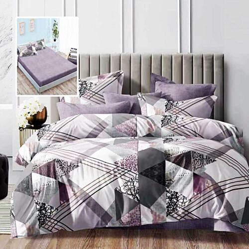 Lenjerie de pat dublu, microfibra, 6 piese, cearceaf de pat cu elastic 160x200cm, cearceaf pilota 200x230cm, 2 fete de perna 50x70 si 2 fete de perna 70x70cm, alb-mov cu forme geometrice moderne ECNH23