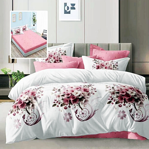 Lenjerie de pat dublu, microfibra, 6 piese, cearceaf de pat cu elastic 160x200cm, cearceaf pilota 200x230cm, 2 fete de perna 50x70 si 2 fete de perna 70x70cm, alba cu flori roz si detalii decorative ECNH24