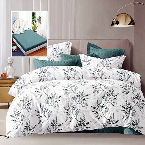 Lenjerie de pat dublu, microfibra, 6 piese, cearceaf de pat cu elastic 160x200cm, cearceaf pilota 200x230cm, 2 fete de perna 50x70 si 2 fete de perna 70x70cm, alba cu frunze verzi si detalii turcoaz ECNH25