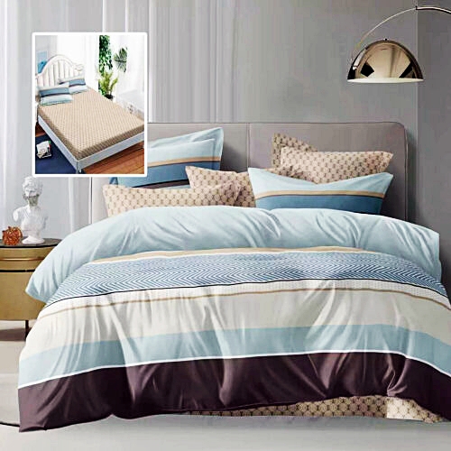 Lenjerie de pat dublu, microfibra, 6 piese, cearceaf de pat cu elastic 160x200cm, cearceaf pilota 200x230cm, 2 fete de perna 50x70 si 2 fete de perna 70x70cm, in dungi bleu, alb si maro ECNH26