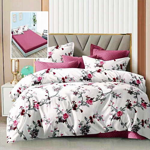 Lenjerie de pat dublu, microfibra, 6 piese, cearceaf de pat cu elastic 160x200cm, cearceaf pilota 200x230cm, 2 fete de perna 50x70 si 2 fete de perna 70x70cm, alba cu flori roz si accente visinii ECNH27