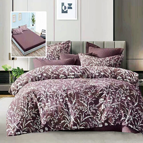 Lenjerie de pat dublu, microfibra, 6 piese, cearceaf de pat cu elastic 160x200cm, cearceaf pilota 200x230cm, 2 fete de perna 50x70 si 2 fete de perna 70x70cm, mov inchis cu plante albe stilizate ECNH28