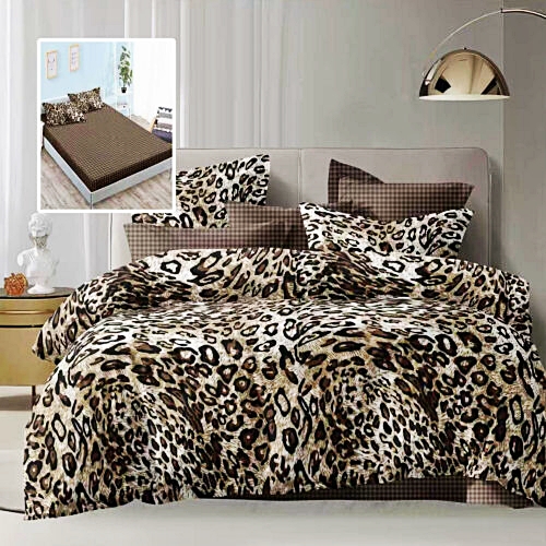 Lenjerie de pat dublu, microfibra, 6 piese, cearceaf de pat cu elastic 160x200cm, cearceaf pilota 200x230cm, 2 fete de perna 50x70 si 2 fete de perna 70x70cm, animal print leopard crem si maro ECNH29