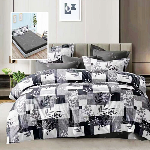 Lenjerie de pat dublu, microfibra, 6 piese, cearceaf de pat cu elastic 160x200cm, cearceaf pilota 200x230cm, 2 fete de perna 50x70 si 2 fete de perna 70x70cm, gri cu patchwork floral ECNH30