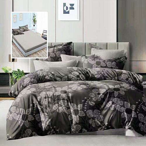 Lenjerie de pat dublu, microfibra, 6 piese, cearceaf de pat cu elastic 160x200cm, cearceaf pilota 200x230cm, 2 fete de perna 50x70 si 2 fete de perna 70x70cm, gri inchis cu imprimeu floral subtil ECNH32