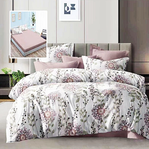 Lenjerie de pat dublu, microfibra, 6 piese, cearceaf de pat cu elastic 160x200cm, cearceaf pilota 200x230cm, 2 fete de perna 50x70 si 2 fete de perna 70x70cm, alb-crem cu flori roz pal si verde deschis ECNH33