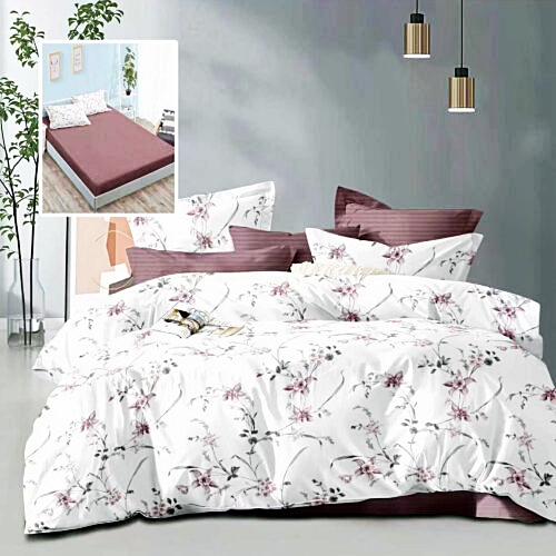 Lenjerie de pat dublu, microfibra, 6 piese, cearceaf de pat cu elastic 160x200cm, cearceaf pilota 200x230cm, 2 fete de perna 50x70 si 2 fete de perna 70x70cm, alba cu flori mov si roz estompat ECNH34