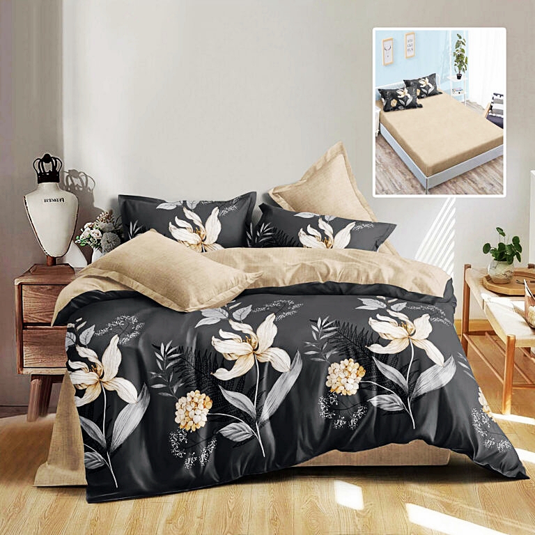 Lenjerie de pat dublu, finet, 6 piese, cearceaf pat cu elastic 160x200cm, cearceaf pilota 200x230cm, 2 fete de perna 50x70 si 2 fete de perna 70x70cm, Pucioasa, RAH160-271 RAH160-271