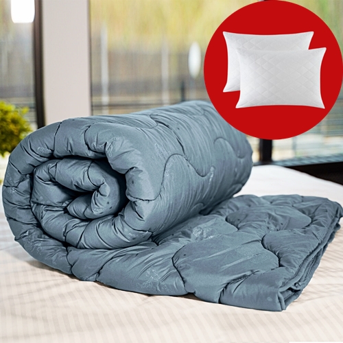 Set pilota iarna, umplutura lana, material policoton, 200x220cm, matlasata, antracit, Pucioasa cu 2 perne, matlasate, antialergice, 50x70cm, albe, Pucioasa SETOITA2023ANTRACIT200