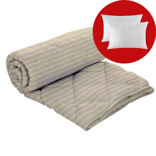 Set pilota iarna, umplutura lana, material damasc policoton, 180x210cm, matlasata, bej, Pucioasa cu 2 perne, matlasate, antialergice, 50x70cm, albe, Pucioasa SETPLIDP2024BEJ180