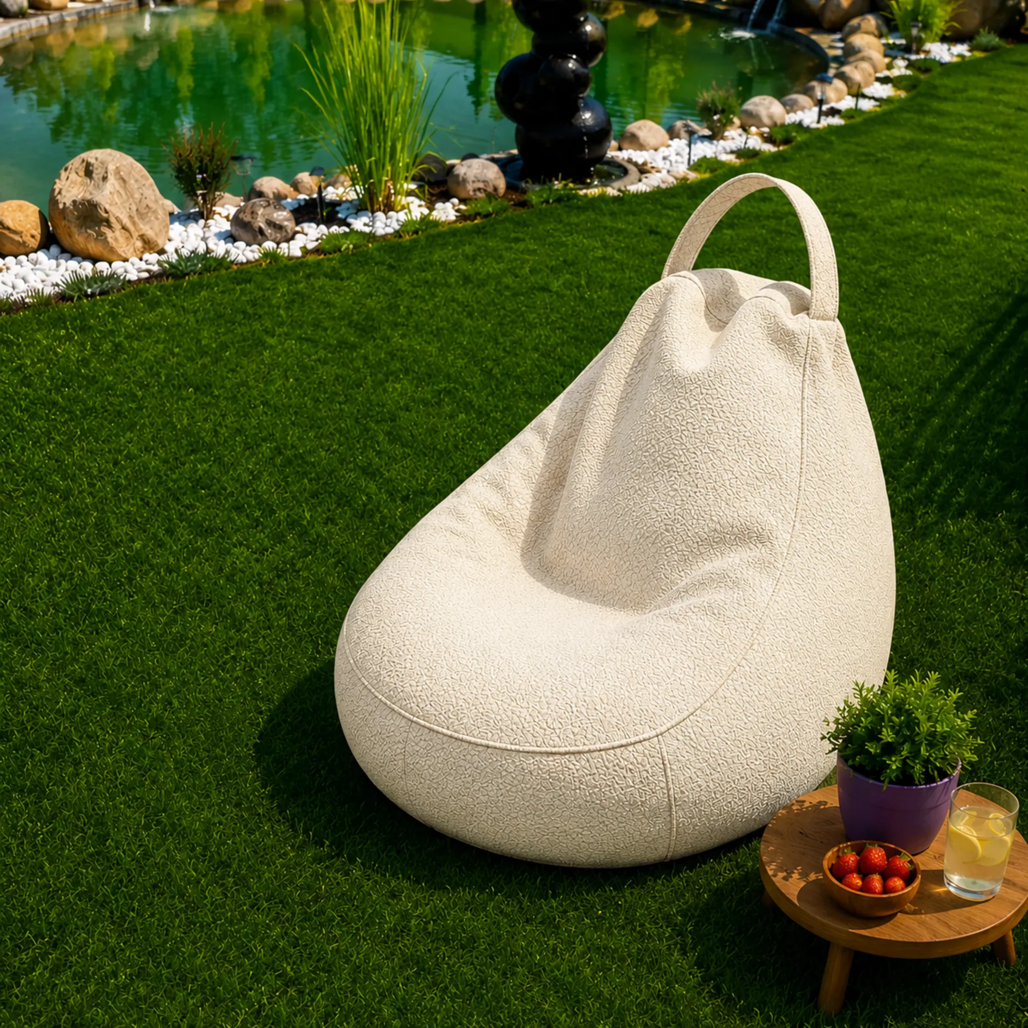 Fotoliu Puf Bean Bag tip Para, cu Maner, Material Oxford Impermeabil, Umplutura Fulgi Poliuretan, Utilizare Interior Exterior, Marime XL, 80x75cm, 6kg, Culoare Alb Crem 2026-BB14