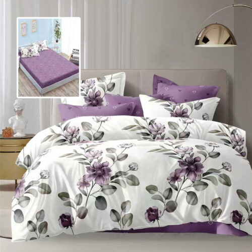 Lenjerie de pat dublu, microfibra, 6 piese, cearceaf de pat cu elastic 160x200cm, cearceaf pilota 200x230cm, 2 fete de perna 50x70 si 2 fete de perna 70x70cm, alba cu flori mov si frunze gri ENCH17