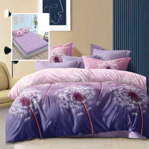 Lenjerie de pat dublu, microfibra, 6 piese, cearceaf de pat cu elastic 160x200cm, cearceaf pilota 200x230cm, 2 fete de perna 50x70 si 2 fete de perna 70x70cm, mov degrade cu papadii albe ENCH18