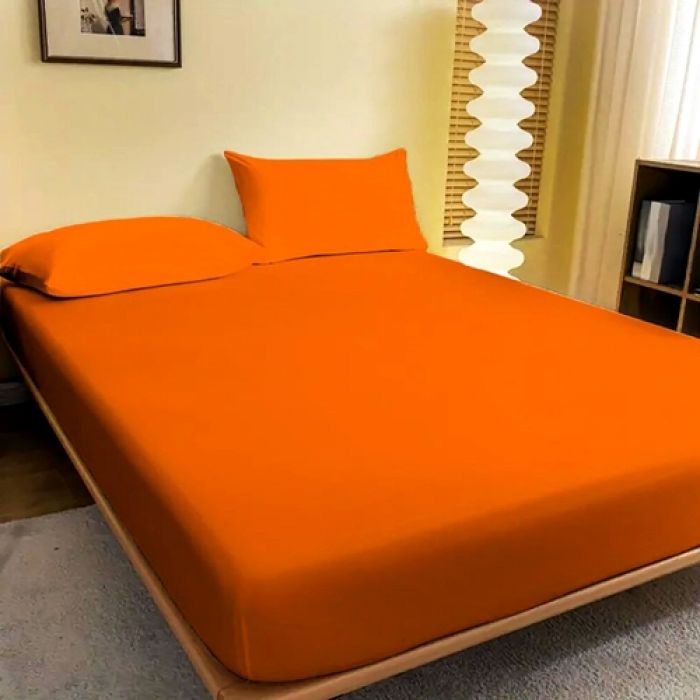 Cearceaf de pat cu elastic, 140x200cm + 2 fete de perna, 50x70cm, bumbac, portocaliu