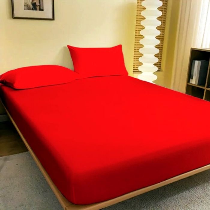 Cearceaf de pat cu elastic, 160x200cm + 2 fete de perna, 50x70cm, bumbac, rosu